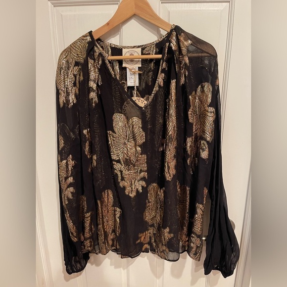 Muche Et Muchette Tops - Muche et Muchette Black and Gold Floral Blouse O/S